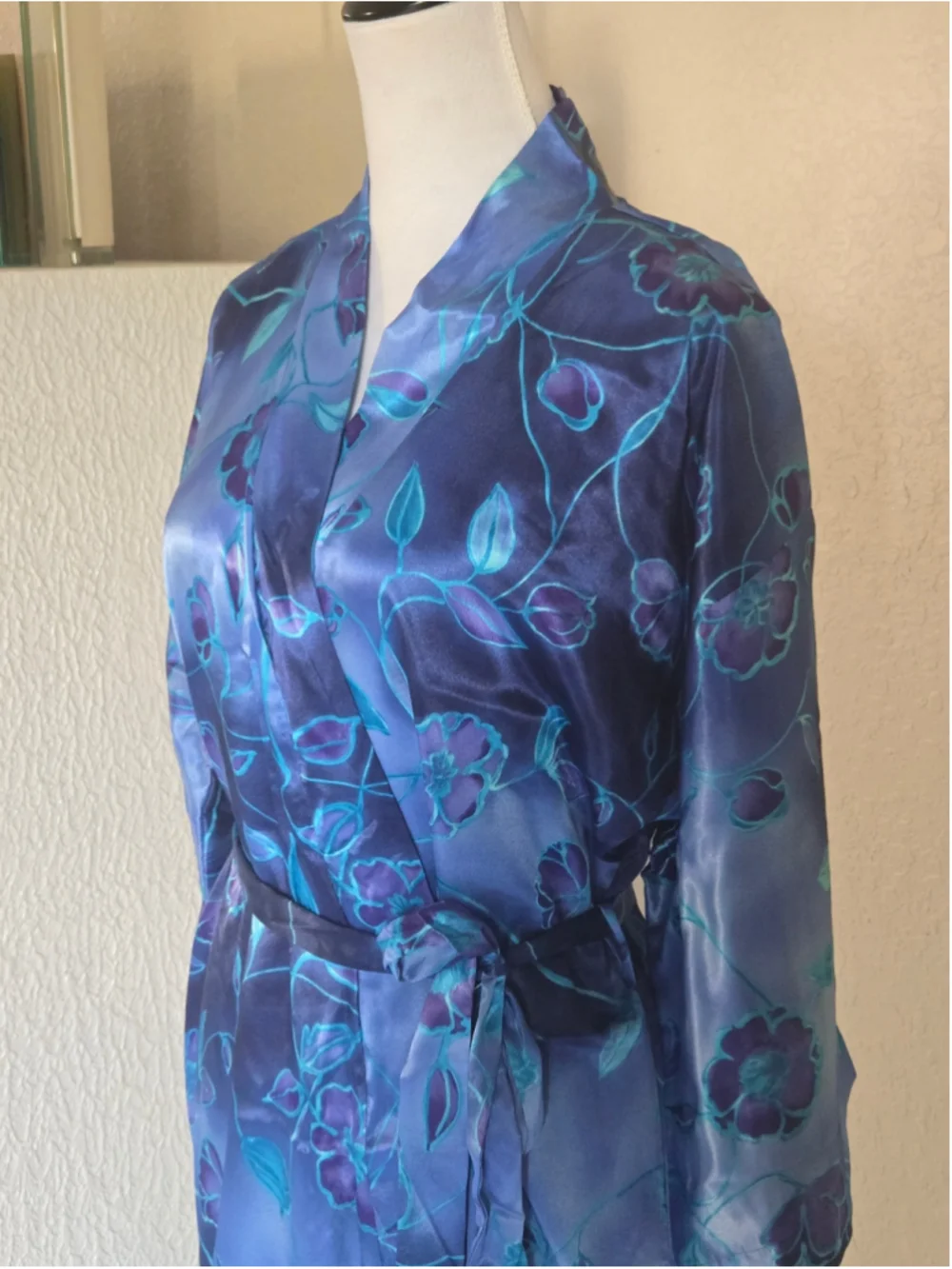 Vintage California Dynasty Floral Satin Robe & Slip Dress Gown 2 Piece Set. Lrg